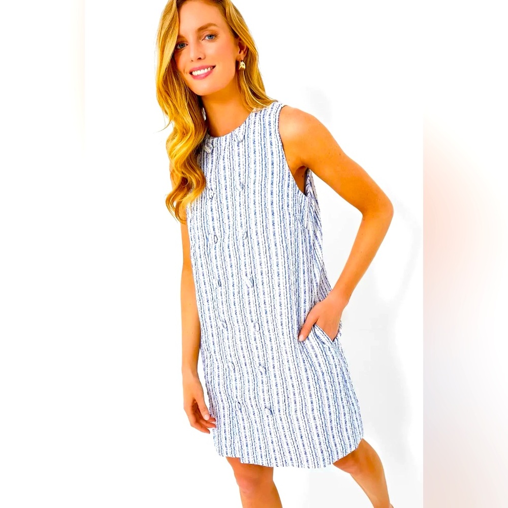 Pomander Place Blue and White Sleeveless Shift Dress